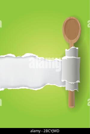 Green vegetarian Cookbook background. Illustration of torn paper with wooden spoon. Place for your text or image. Vector available. Stock Vector