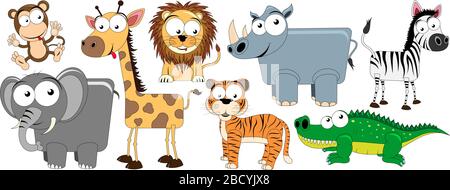 African animals - collection of funny vector clip-arts (monkey, giraffe, elephant, lion, rhino, crocodile, zebra, tiger) Stock Vector