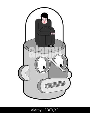 Man inside head of robot. Artificial Intelligence concept. Stock Vector