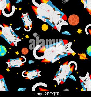 Cat jet pack pattern seamless. Pet is on rocket background. Baby fabric ornament. vector texture Stock Vector