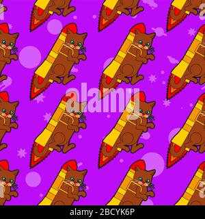 Cat jet pack pattern seamless. Pet is on rocket background. Baby fabric ornament. vector texture Stock Vector