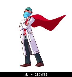 Colorful vector illustration of a male doctor superhero with a cape Stock Vector