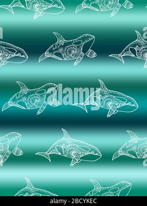 Vector seamless pattern of white killer whale swimming on gradient marine background. Doodle hand drawn Orca pattern Stock Vector