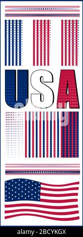 Vector illustration with a set of american flags, in different shapes and dimension, and an example of USA text. Stock Vector