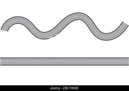 Straight and winding road lane. Seamless asphalt road template isolated on white background. Highway or roadway background. Vector illustration Stock Vector