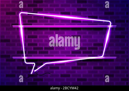 Square speech bubble glowing neon sign or LED strip light. Realistic vector illustration. Purple brick wall, violet glow, metal holders. Stock Vector