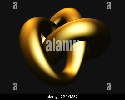 3D golden torus knot isolated on black background. Stock Vector