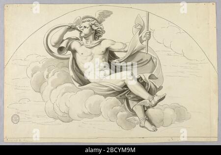 Hermes. Research in ProgressDrawing after a fresco devised by Giulio Romano in the Palazzo del Te in Mantua. Hermes sitting in clouds and blowing a horn. The lower and part of the upper framing of the lunette are indicated. Hermes Stock Photo