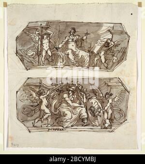 Justice and Strength in Two Octagons. Research in ProgressTop: woman, with civic crown shown holding sword and pair of scales, seated in apse, flanked by two putti; left one holds fasces, right one holds opened book, inscription below in brown ink: GIUSTI. Justice and Strength in Two Octagons Stock Photo