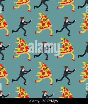 Man runs for pizza pattern seamless. Hunger vector background Stock Vector