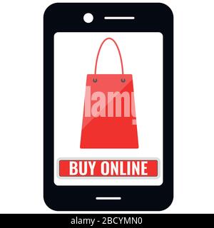 Smart phone with shopping bag and buy on-line button on the screen isolated on white background. Stock Vector
