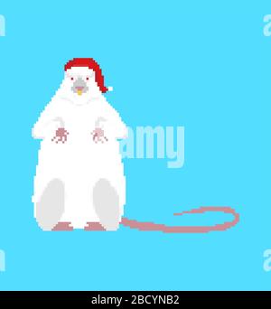 Santa Mouse pixel art. 8 bit Rat in red cap. Christmas and New Year Vector Illustration Stock Vector