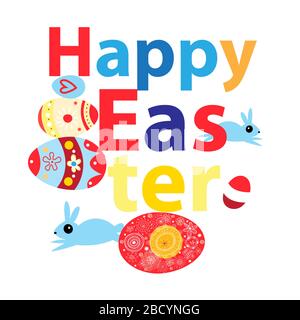Bright wonderful Easter card with rabbits and eggs on a white background. Example of a greeting card Stock Vector