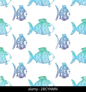 Vector illustration with hand drawn gradient fishes on white background. Marine seamless pattern with fishes Stock Vector