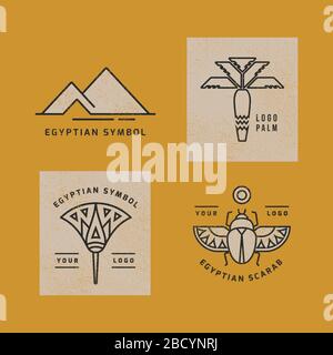 A collection of logos with Egyptian symbols and a place for text in a linear style. Stock Vector