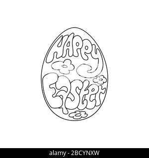 Happy Easter text lettering in cartoon paschal egg on white background. Vector illustration of Easter coloring page book antistress for adult Stock Vector