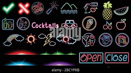 Big set of light signs with logo and words illustration Stock Vector