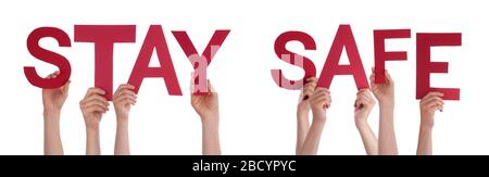 People Hands Holding Word Stay Safe, Isolated Background Stock Photo