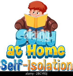 Font design for phrase stay at home with boy reading illustration Stock Vector