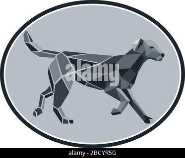 Low polygon art style illustration of a black labrador retriever,  a medium-large breed of retriever-gun dog standing viewed from side set in oval on Stock Vector