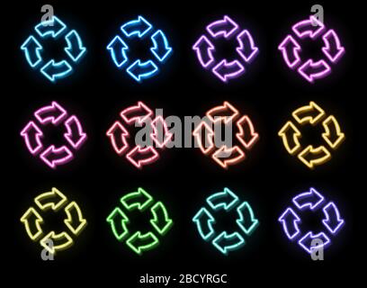 Arrow circle icon set. 3d color neon signs on black background. Glowing refresh reload rotation recycling loop symbol. Electric lamp technology outlin Stock Vector