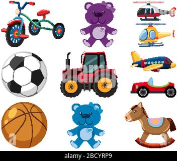 Large set of different toys on white background illustration Stock Vector