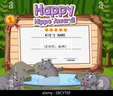 Certificate template design for happy hippo award with hippos in the jungle illustration Stock Vector