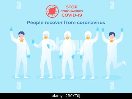 Doctors in white protective suits. Flat illustration Different poses in full growth. Set vector characters isolated on blue background. Stock Vector