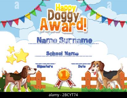 Certificate template design for happy doggy award with cute dogs in the park illustration Stock Vector