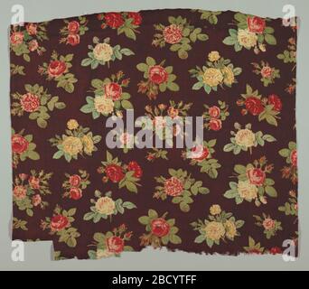 Textile. Research in ProgressAll-over pattern of regularly spaced roses of various sizes in reds, yellows, and greens on a deep maroon background. Half-drop repeat. Textile Stock Photo