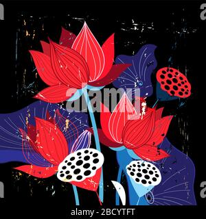 Beautiful red lotuses and leaves on a dark retro background Stock Vector