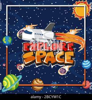 Background scene with word explore space and spaceship flying illustration Stock Vector