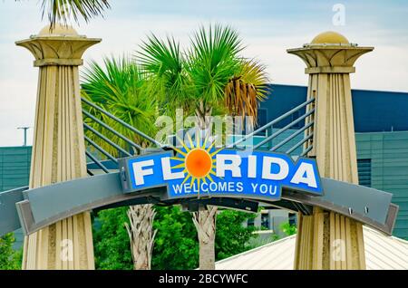 The Florida welcome sign is pictured at the Florida Welcome Center, April 4, 2020, in Pensacola, Florida. Stock Photo