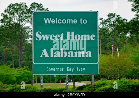 A sign welcomes visitors to Alabama, April 4, 2020, on Interstate 10 West near the Alabama Welcome Center in Robertsdale, Alabama. Stock Photo
