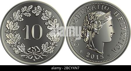 10 centimes coin Swiss franc, 10 in wreath of oak leaves on reverse, head of Liberty on obverse, official coin in Switzerland Stock Vector