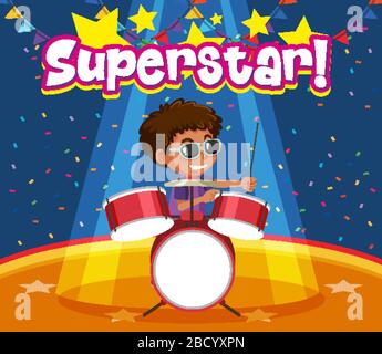 Font design for word superstar with boy playing drumset illustration Stock Vector