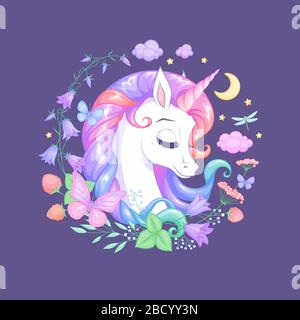 Cute sleeping unicorn surrounded with flowers and butterflies. Isolated vector illustration. Stock Vector