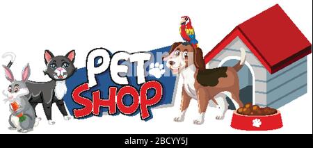 Font design for pet shop with many cute animals illustration Stock Vector