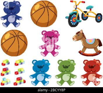 Large set different toys on white background illustration Stock Vector