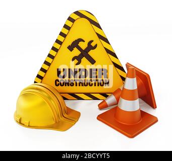 Under construction signboard, helmet and traffic cone. 3D illustration. Stock Photo