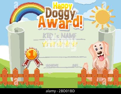 Certificate template design for happy doggy award with cute dog in background illustration Stock Vector