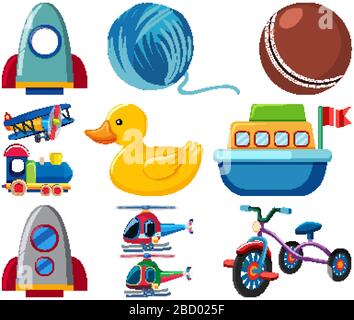 Large set of different toys on white background illustration Stock Vector