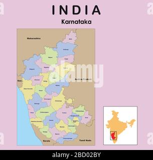 Karnataka map. vector illustration of Karnataka district map with border in colour. Stock Vector