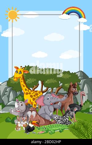 Border template design with many wild animals in background ...