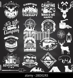 Set of outdoor adventure quotes on chalkboard. Vector. Concept for shirt or logo, print, stamp. Vintage design with hiking boots, camping tent, lantern, axe, mountains, bear, deer, forest silhouette Stock Vector