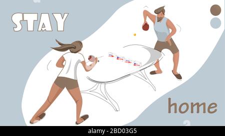 A man and a woman playing ping pong at home. Covid 2019 Quarantine Stock Vector