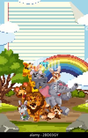 Border template design with many wild animals in background ...