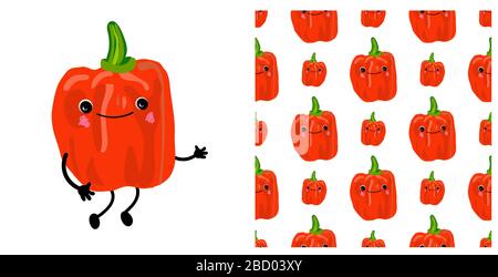 pepper bulgarian vegetable character cute. Seamless vegetable pattern with sweet pepper. Children's vector illustration. paprika. Stock Vector