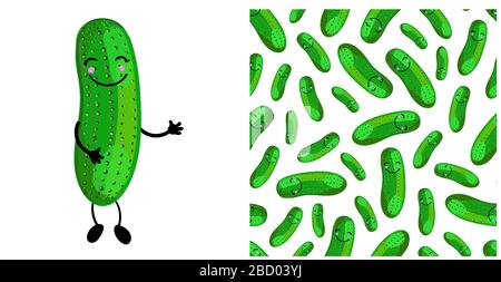 Cucumber vegetable character cute. Seamless vegetable pattern with green cucumbers. Children's vector illustration.. Stock Vector