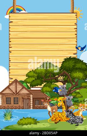 Border template design with many wild animals in background ...